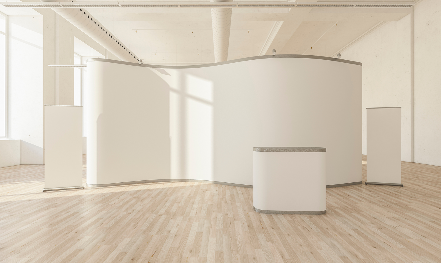 3D Render of a pop up space that is neutral with cream colored wood