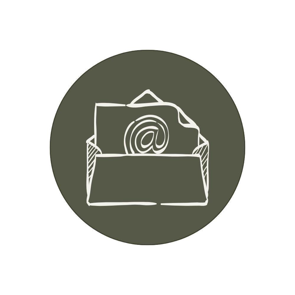 Green circle containing an icon of an envelope with a paper that has an @ symbol on it